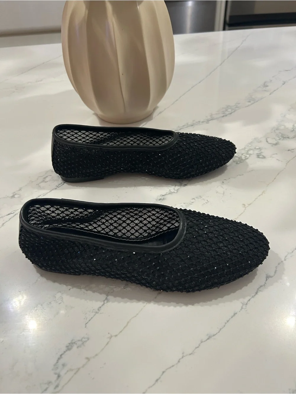 STAUD Black Crystal Alba Mesh Ballet Flats